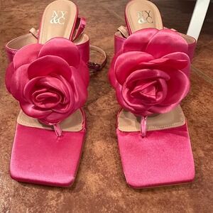 New York & Company Pink Satin Rosette Flower Square Toe Strap Heels Size 10